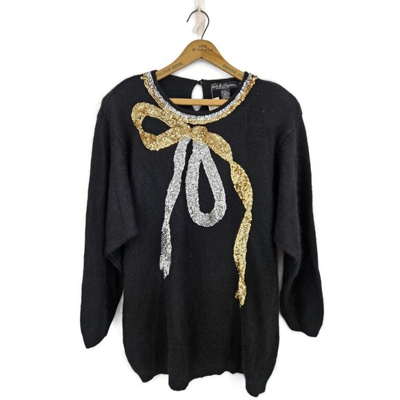 VTG New Work in Progress Black Sweater Womens 22/24 Silk Angora Lambswool Bow - Picture 1 of 6